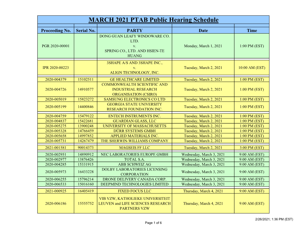 MARCH 2021 PTAB Public Hearing Schedule