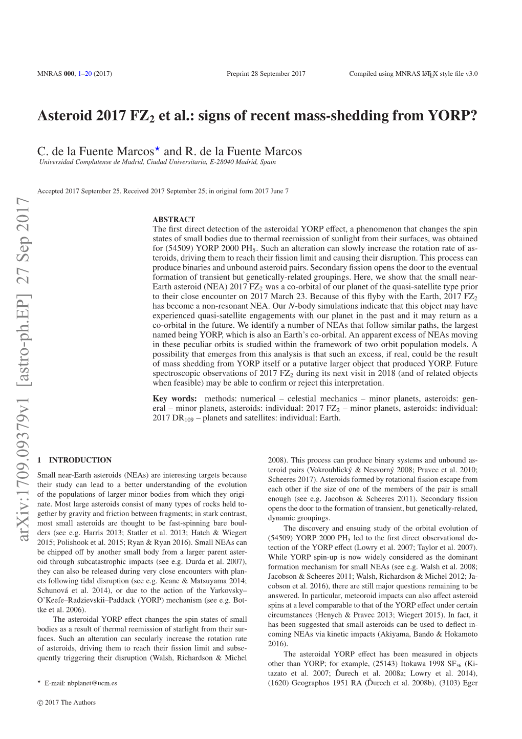 Asteroid 2017 FZ2 Et Al.: Signs of Recent Mass-Shedding from YORP?