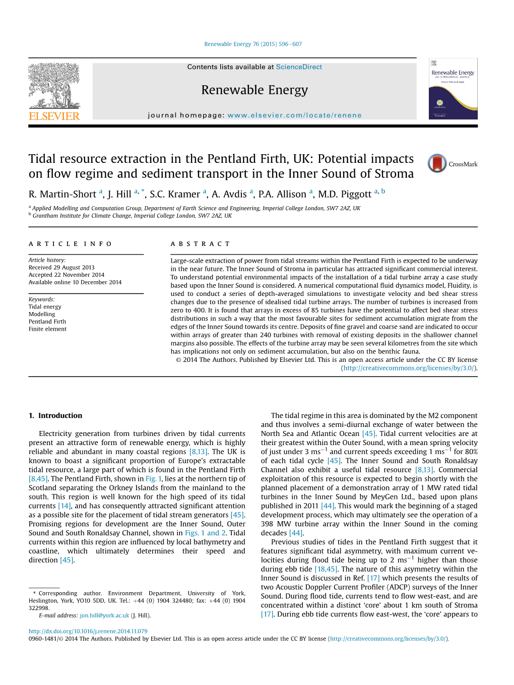 Tidal Resource Extraction in the Pentland Firth, UK: Potential Impacts on ﬂow Regime and Sediment Transport in the Inner Sound of Stroma