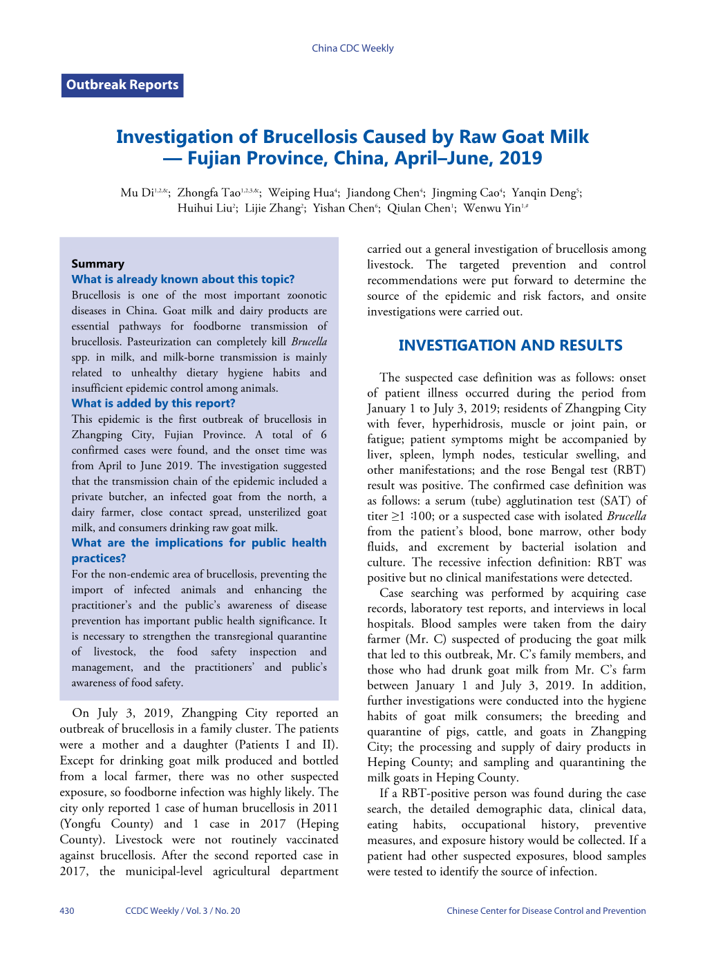 Investigation of Brucellosis Caused by Raw Goat Milk — Fujian Province, China, April–June, 2019