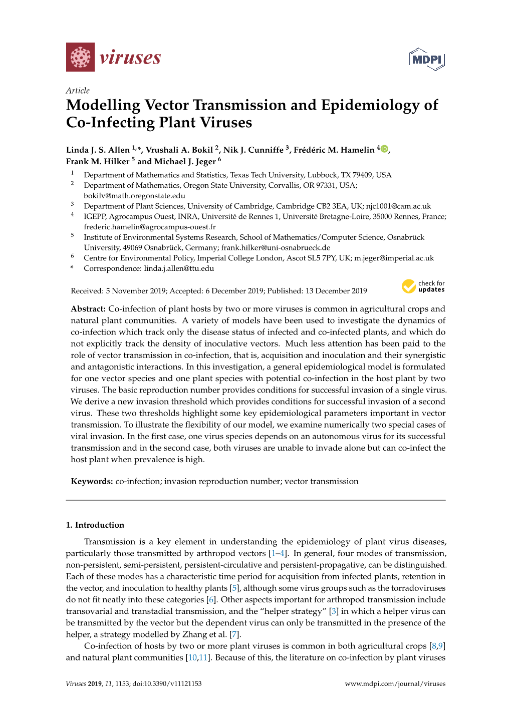 Modelling Vector Transmission and Epidemiology of Co-Infecting Plant Viruses