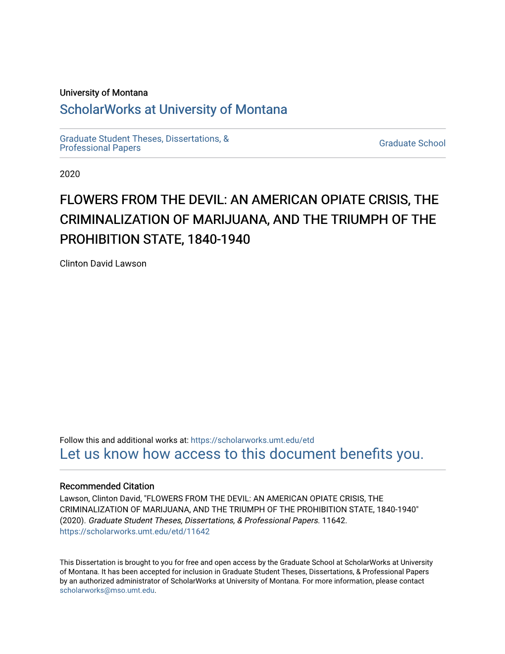 Flowers from the Devil: an American Opiate Crisis, the Criminalization of Marijuana, and the Triumph of the Prohibition State, 1840-1940