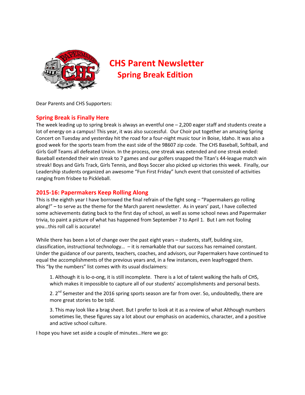 CHS Parent Newsletter Spring Break Edition