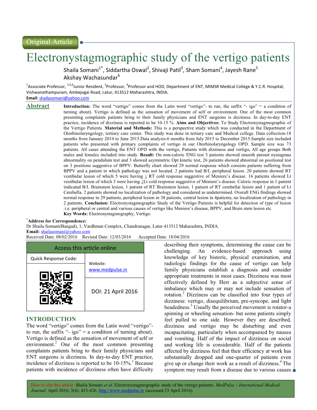 Electronystagmographic Study O Onystagmographic Study of The