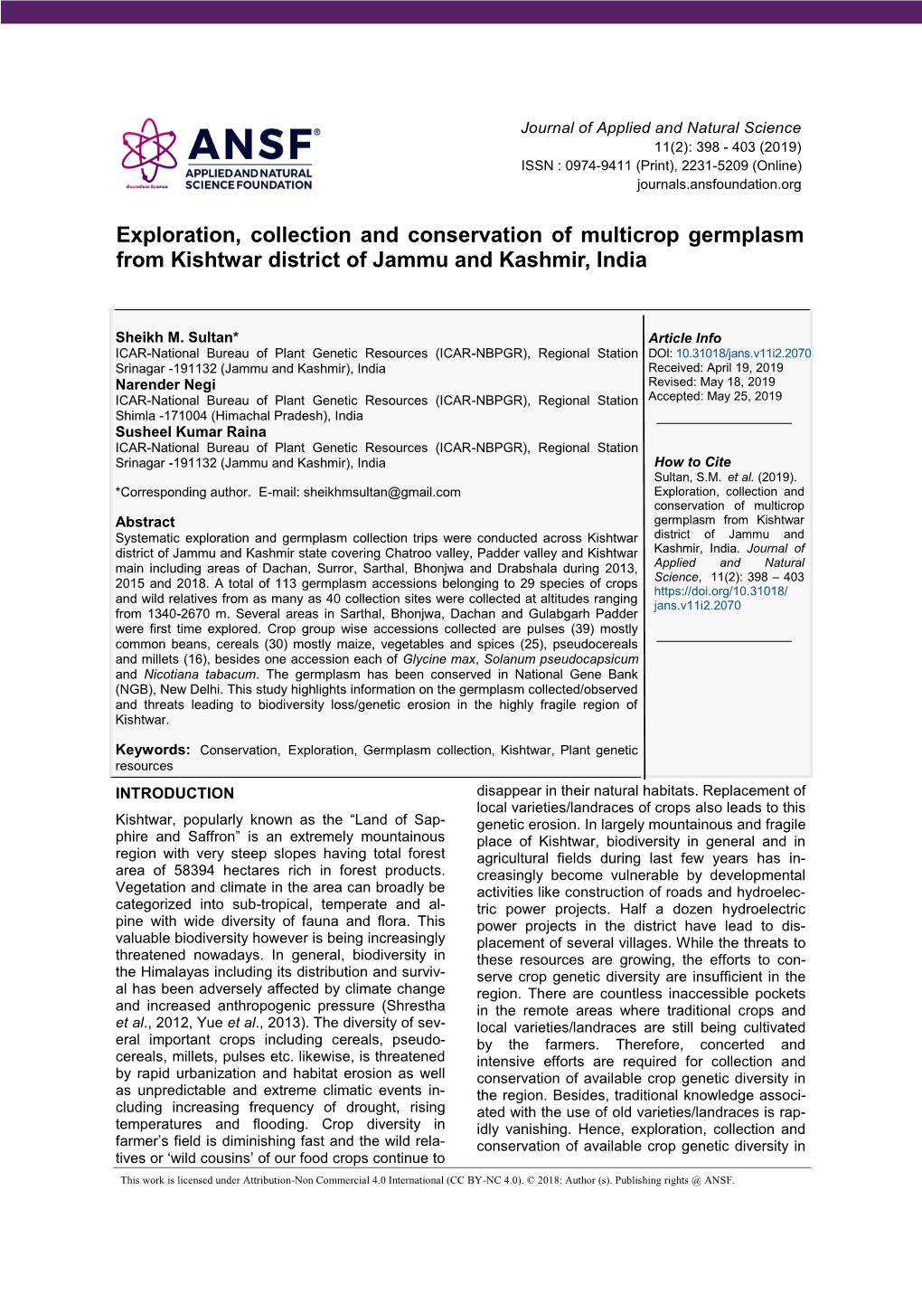 Exploration, Collection and Conservation of Multicrop Germplasm from Kishtwar District of Jammu and Kashmir, India