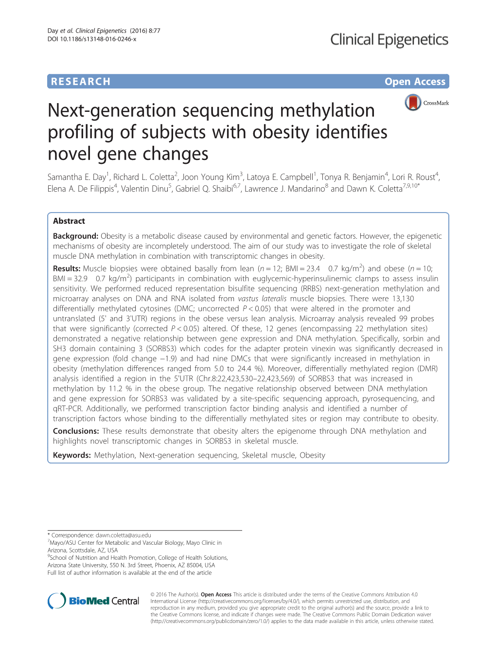 Next-Generation Sequencing Methylation Profiling of Subjects with Obesity Identifies Novel Gene Changes Samantha E