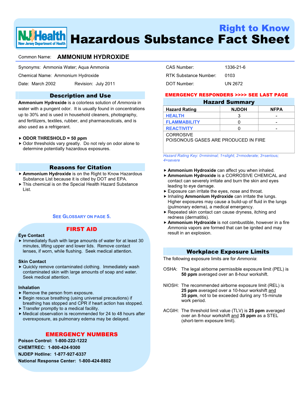 Jersey Department of Health, Ammonium Hydroxide Has Sheet (MSDS) and the Label to Determine Product Not Been Tested for Its Ability to Affect Reproduction