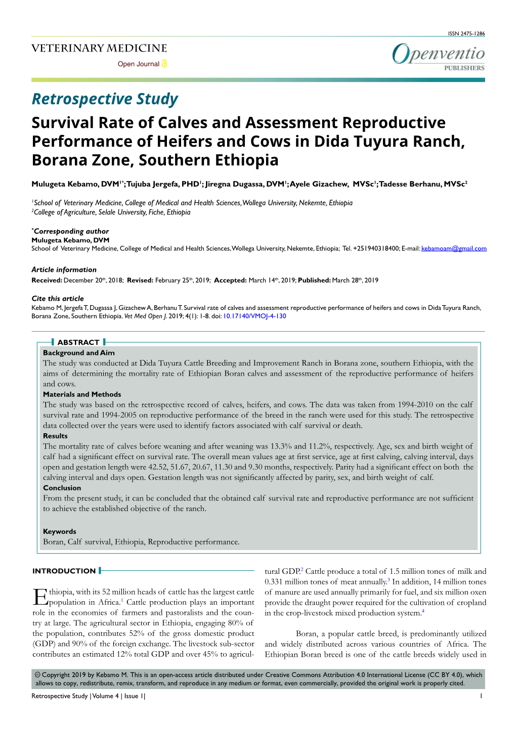 Survival Rate of Calves and Assessment Reproductive Performance of Heifers and Cows in Dida Tuyura Ranch, Borana Zone, Southern Ethiopia