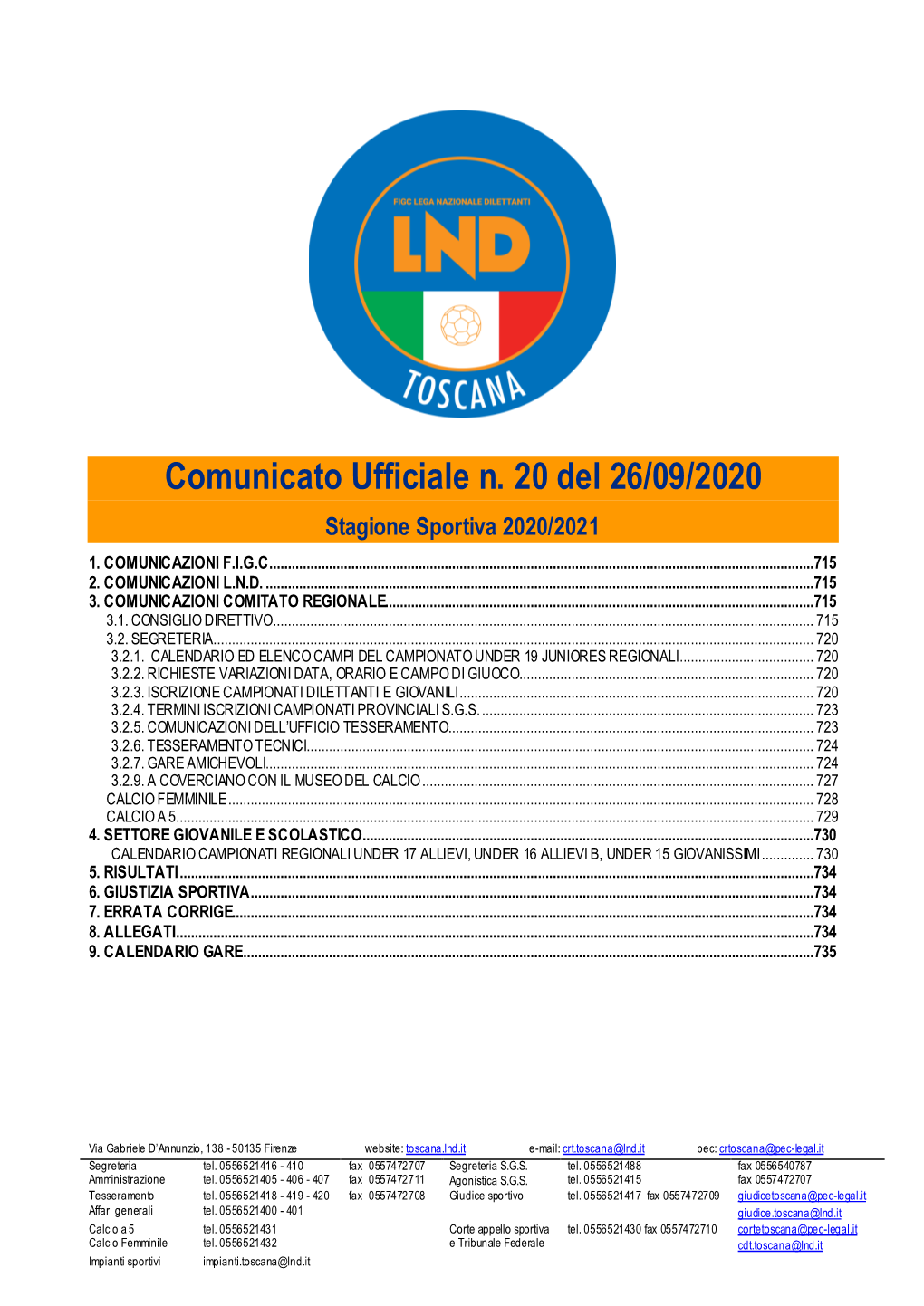 Comunicato Ufficiale N. 20 Del 26/09/2020