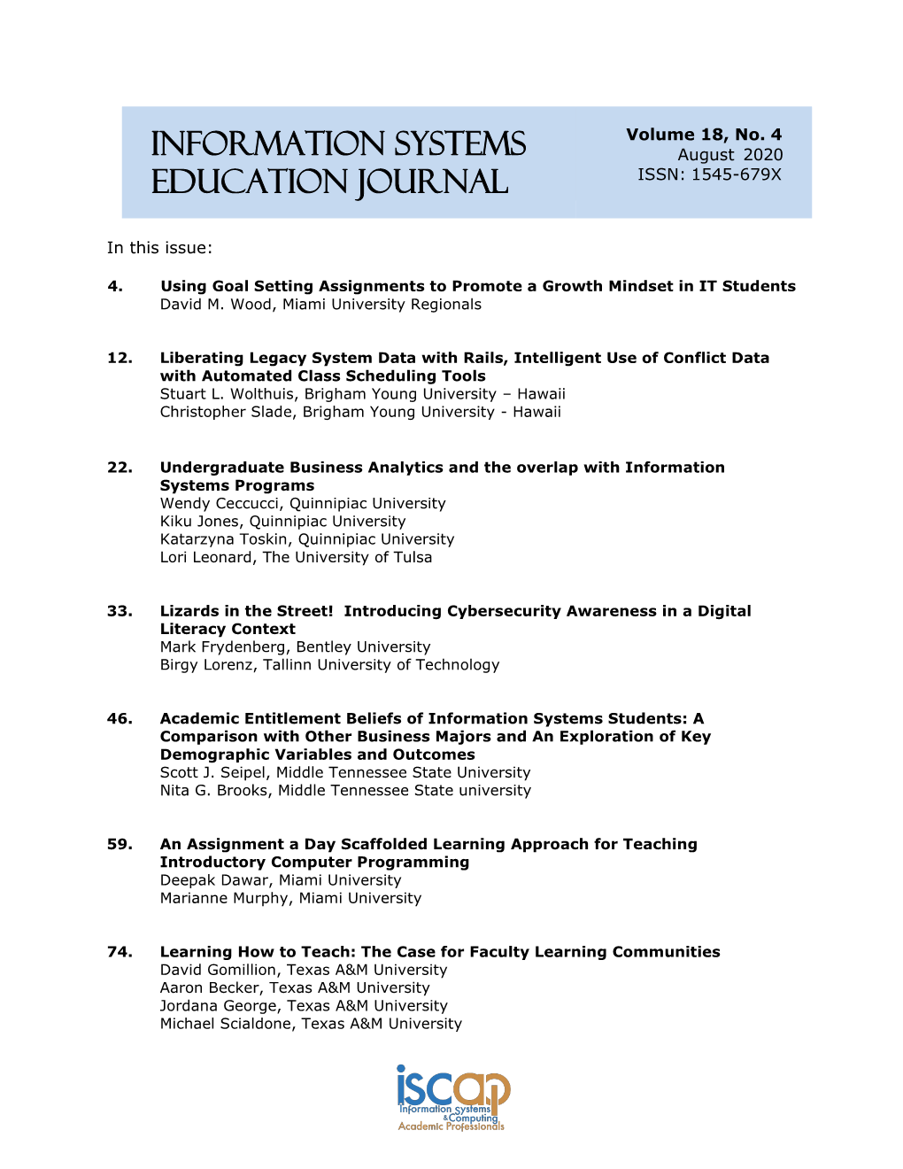 Information Systems Education Journal (ISEDJ) 18 (4) ISSN: 1545-679X August 2020