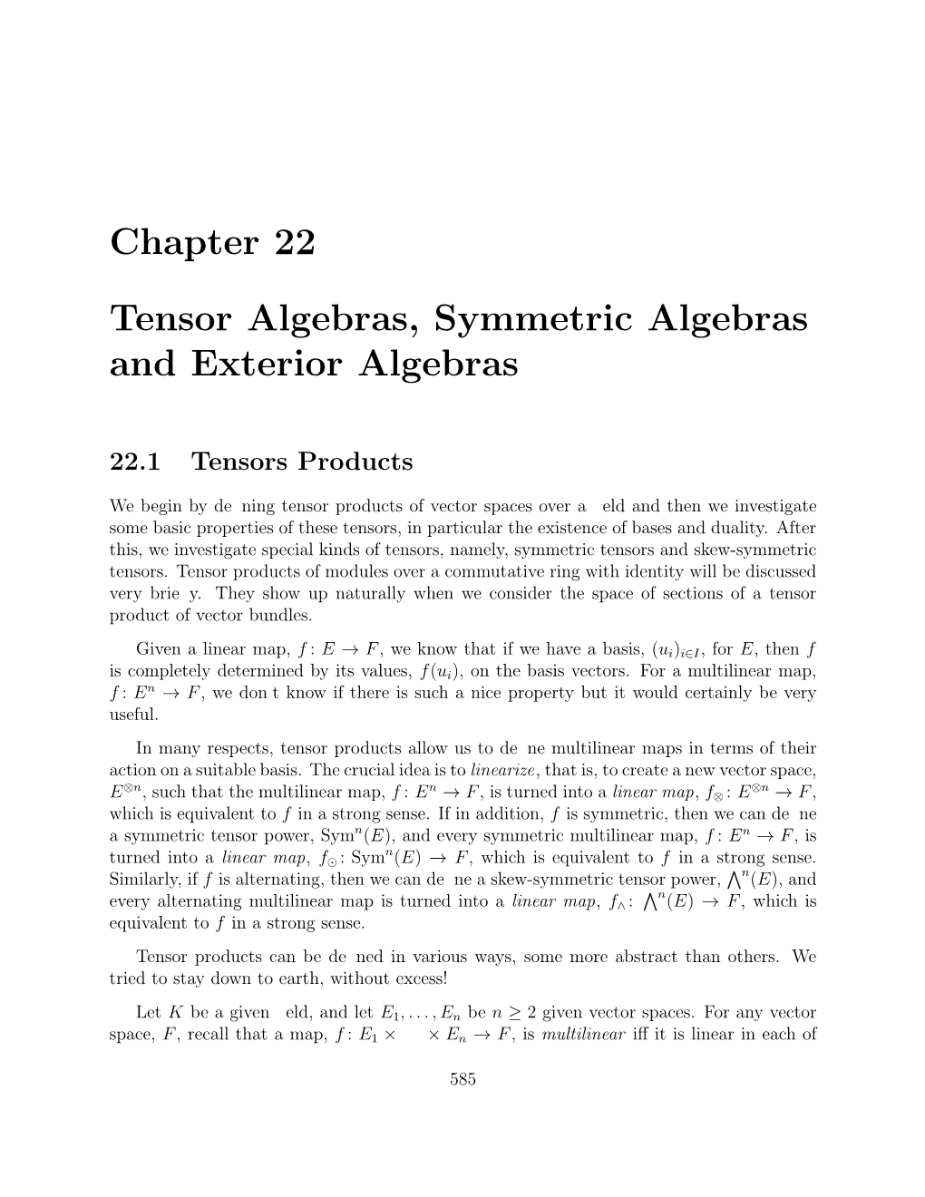 Chapter 22 Tensor Algebras, Symmetric Algebras and Exterior