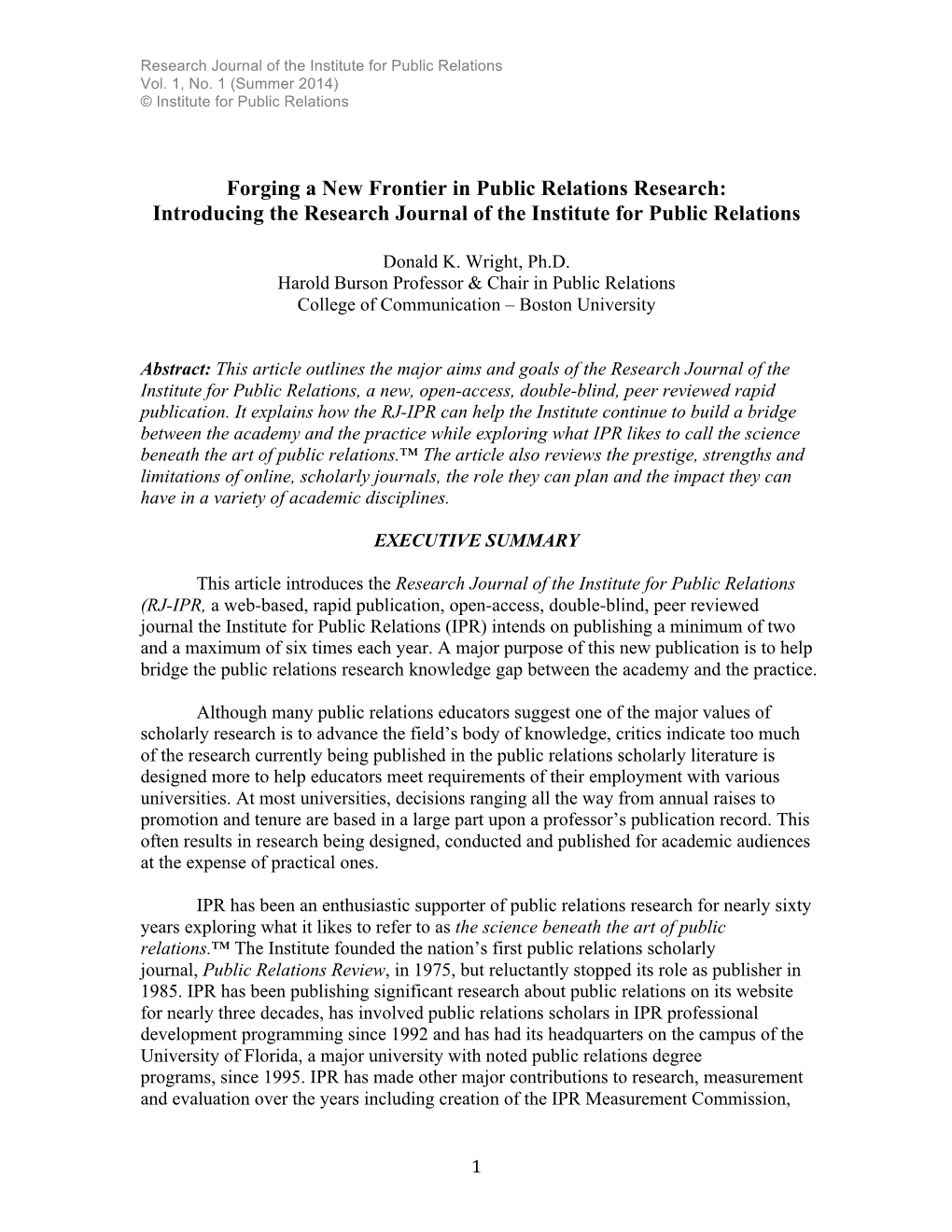 Forging a New Frontier in Public Relations Research: Introducing the Research Journal of the Institute for Public Relations