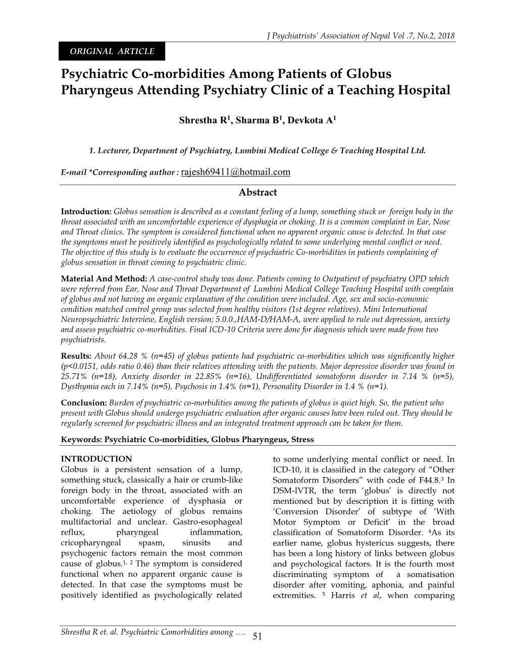 Psychiatric Co-Morbidities Among Patients of Globus Pharyngeus Attending Psychiatry Clinic of a Teaching Hospital