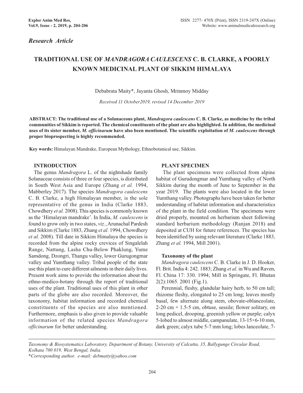 Research Article TRADITIONAL USE of MANDRAGORA CAULESCENS