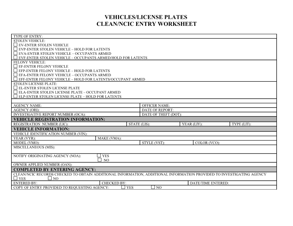 Clean/Ncic Entry Worksheet