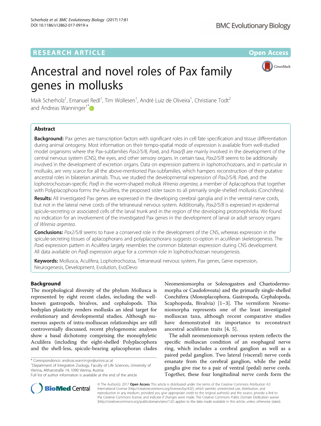 Ancestral and Novel Roles of Pax Family Genes in Mollusks