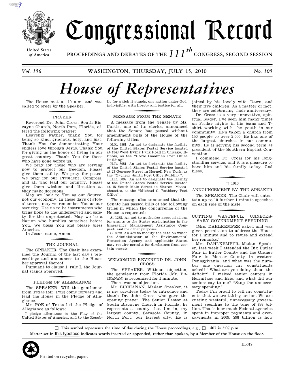 Congressional Record United States Th of America PROCEEDINGS and DEBATES of the 111 CONGRESS, SECOND SESSION