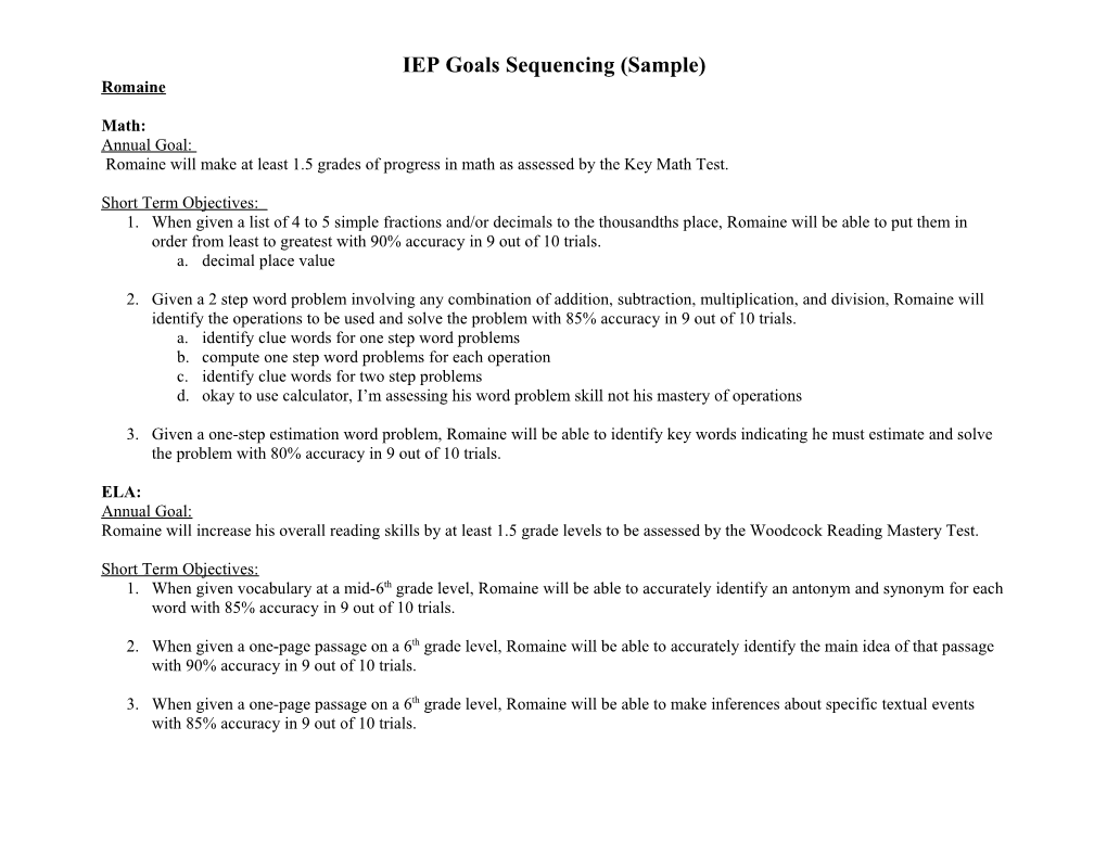 IEP Goals Sequencing (Sample)