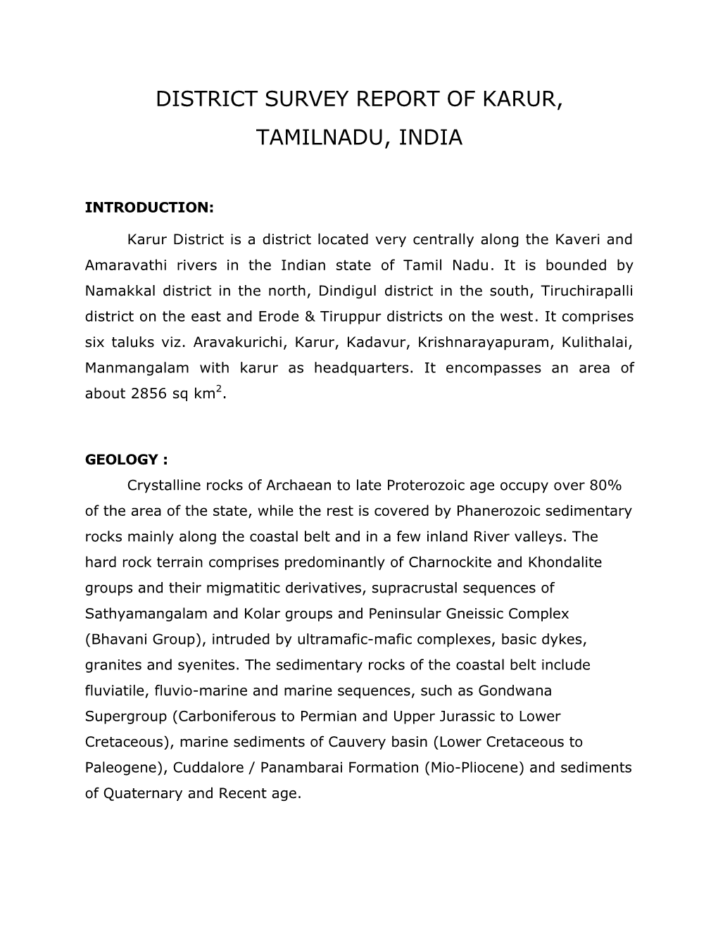 District Survey Report of Karur, Tamilnadu, India
