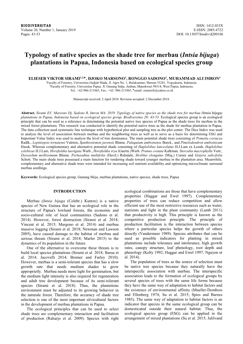 Typology of Native Species As the Shade Tree for Merbau (Intsia Bijuga) Plantations in Papua, Indonesia Based on Ecological Species Group