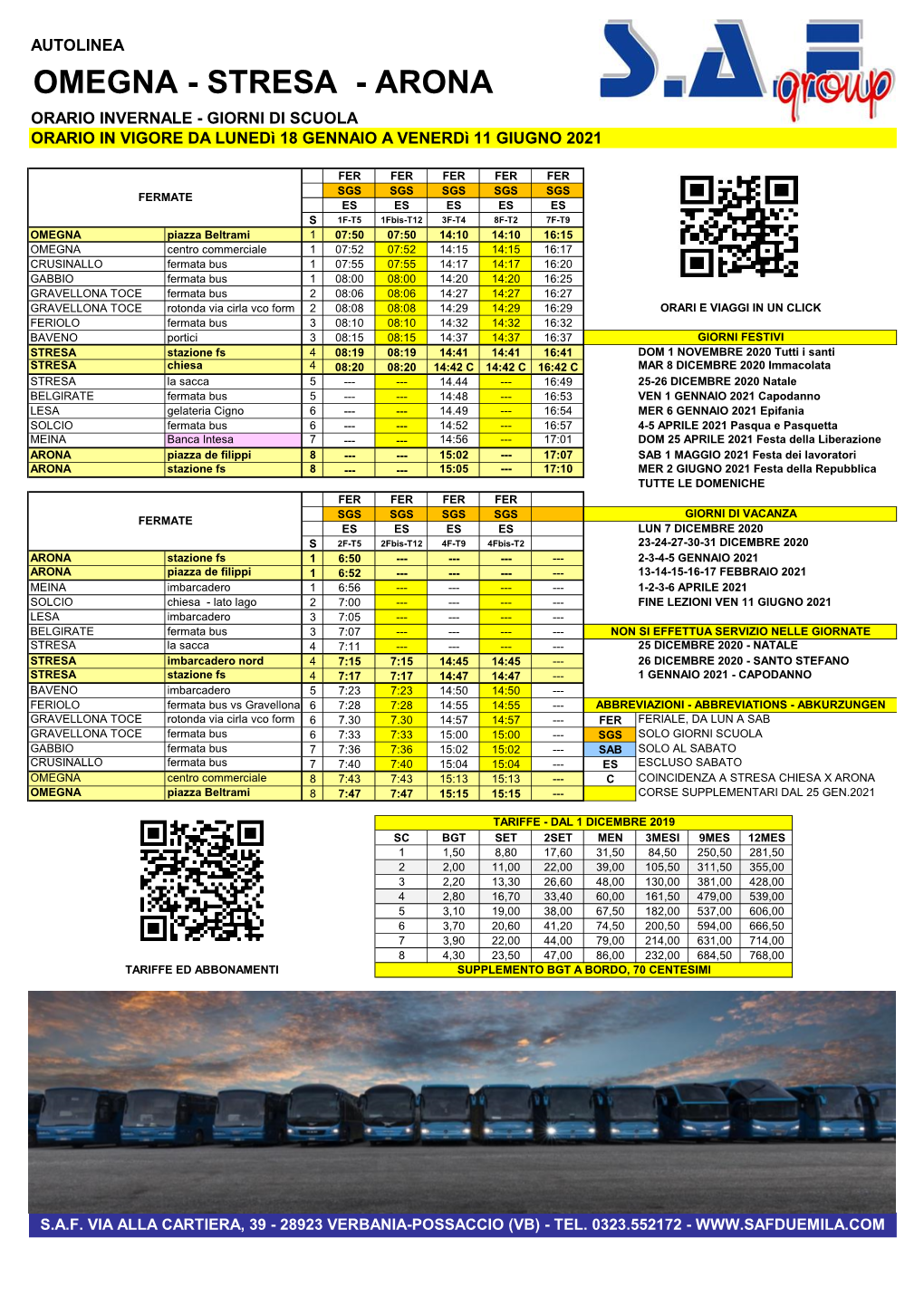 Omegna - Stresa - Arona Orario Invernale - Giorni Di Scuola Orario in Vigore Da Lunedì 18 Gennaio a Venerdì 11 Giugno 2021