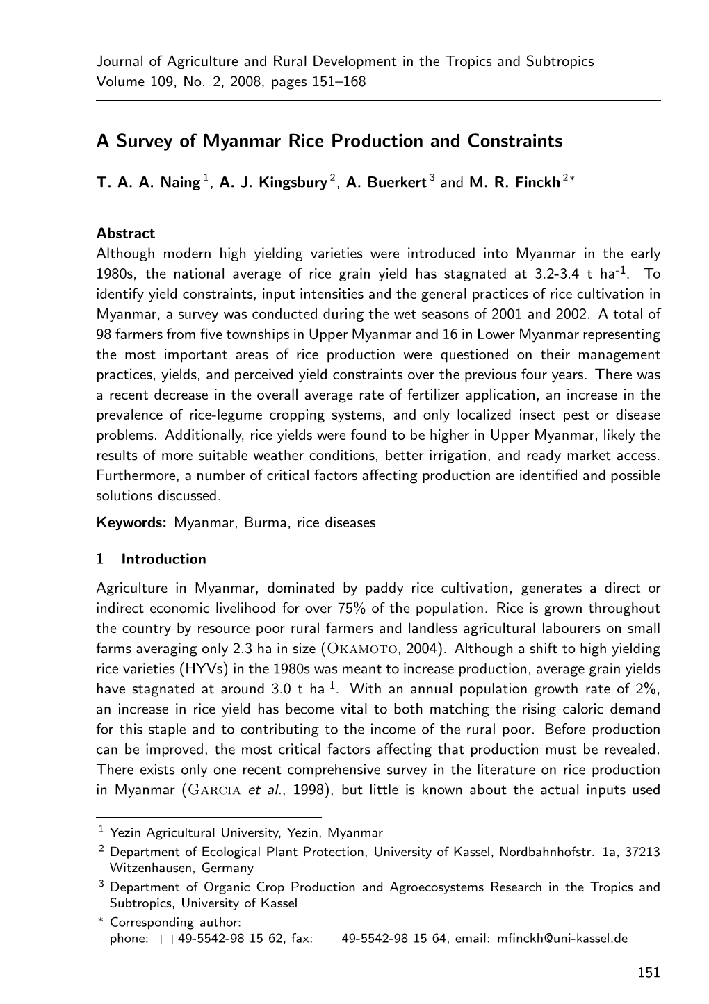 A Survey of Myanmar Rice Production and Constraints