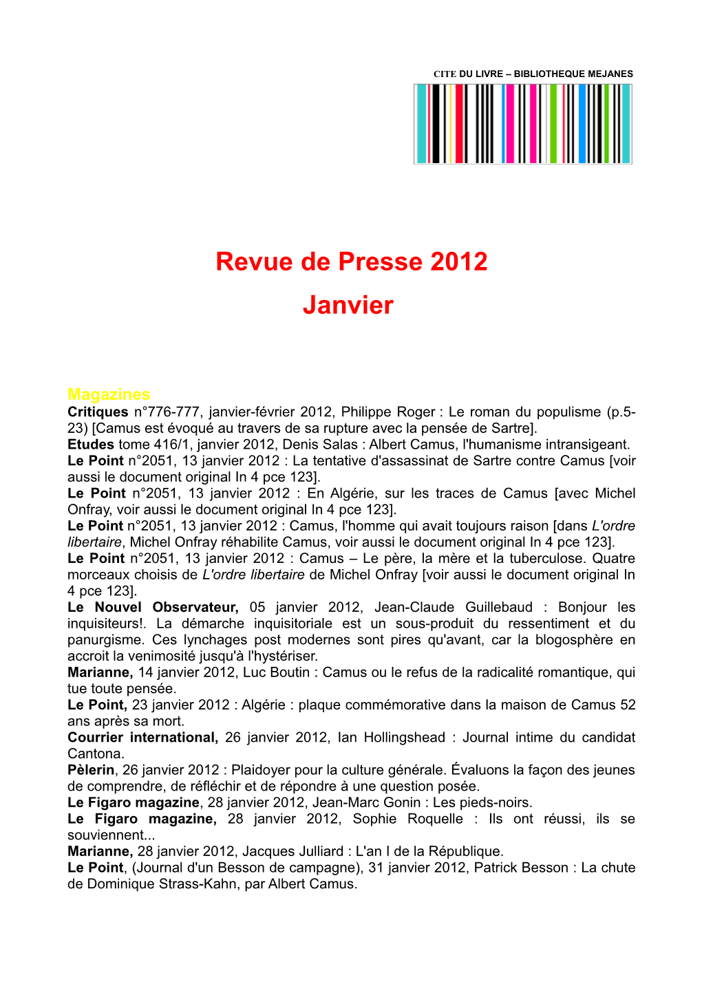 Revue De Presse 2012 Janvier