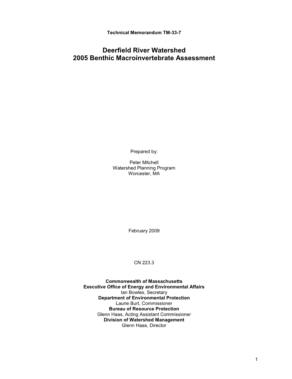 Deerfield River Watershed 2005 Benthic Macroinvertebrate Assessment