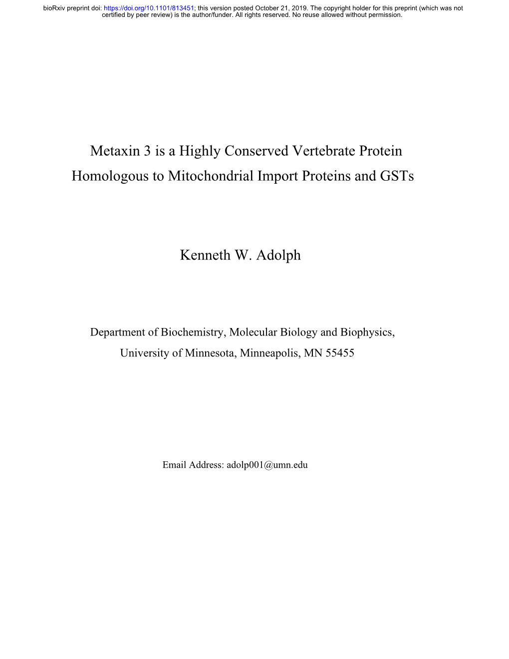 Metaxin 3 Is a Highly Conserved Vertebrate Protein Homologous to Mitochondrial Import Proteins and Gsts