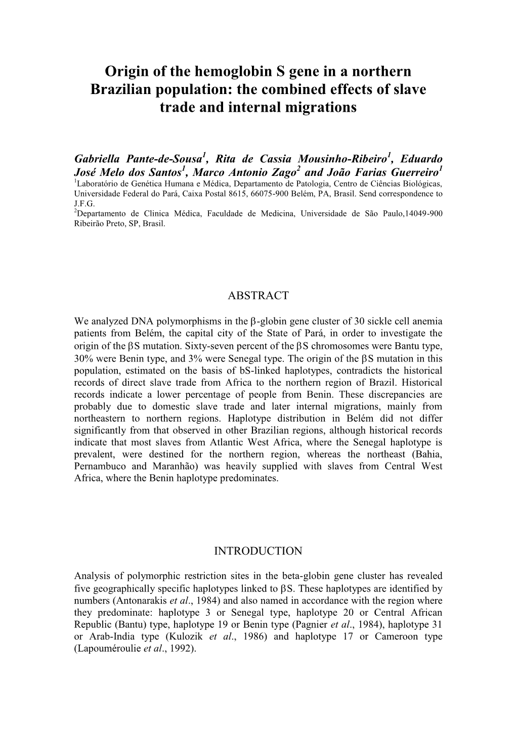 Origin of the Hemoglobin S Gene in a Northern Brazilian Population: the Combined Effects of Slave Trade and Internal Migrations