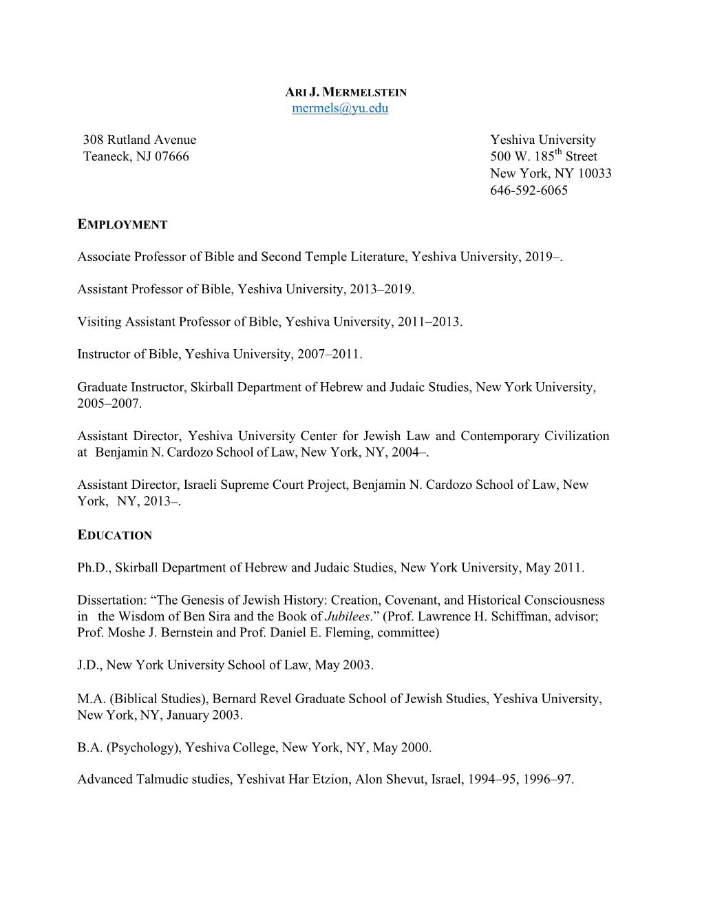 Ari Mermelstein's CV