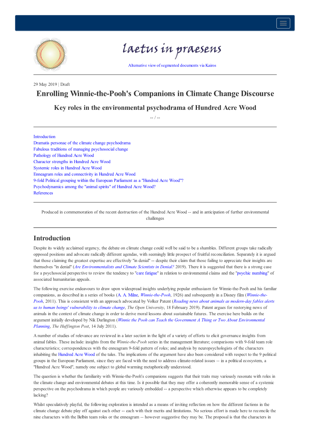 Enrolling Winnie-The-Pooh's Companions in Climate Change Discourse Key Roles in the Environmental Psychodrama of Hundred Acre Wood -- /