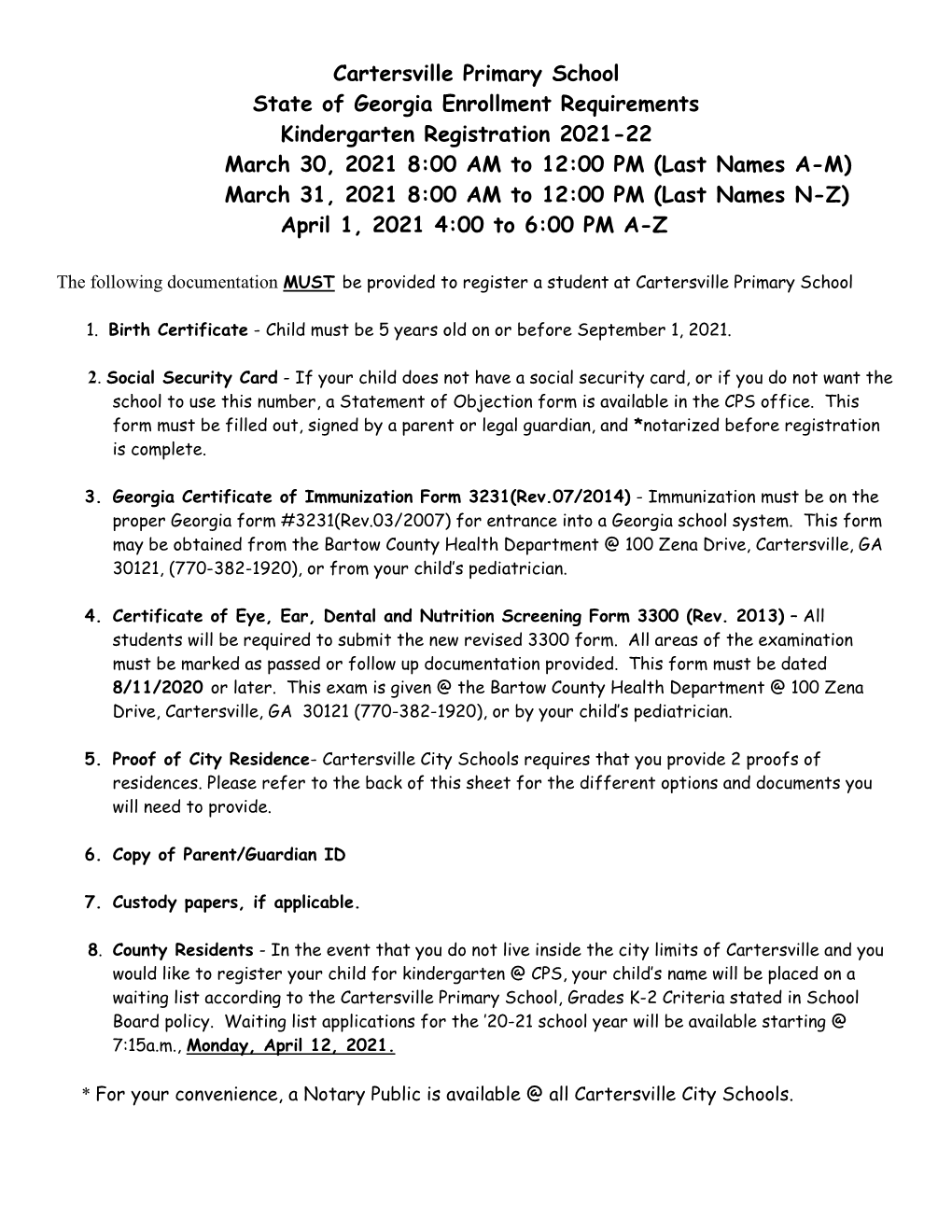 Cartersville Primary School State of Georgia Enrollment Requirements