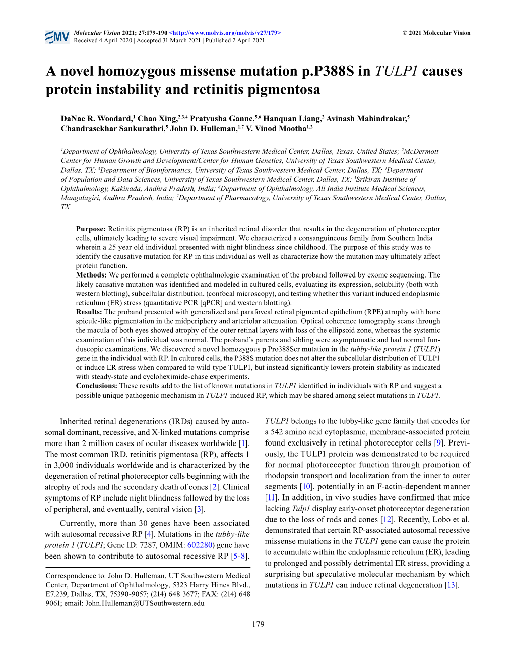 A Novel Homozygous Missense Mutation P.P388S in TULP1 Causes Protein Instability and Retinitis Pigmentosa