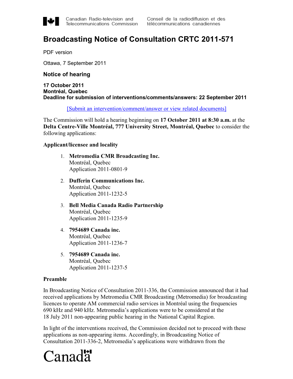 Broadcasting Notice of Consultation CRTC 2011-571