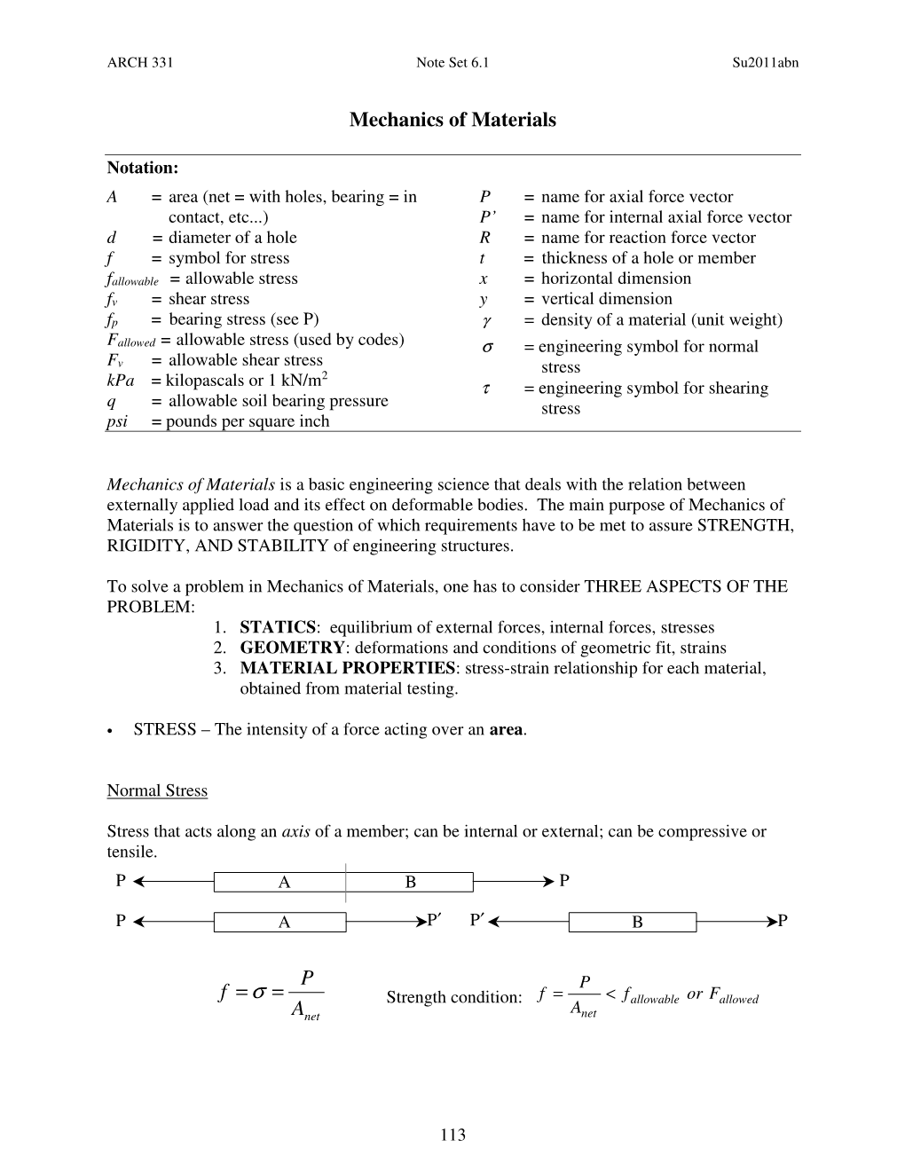 Mechanics of Materials a P F ==