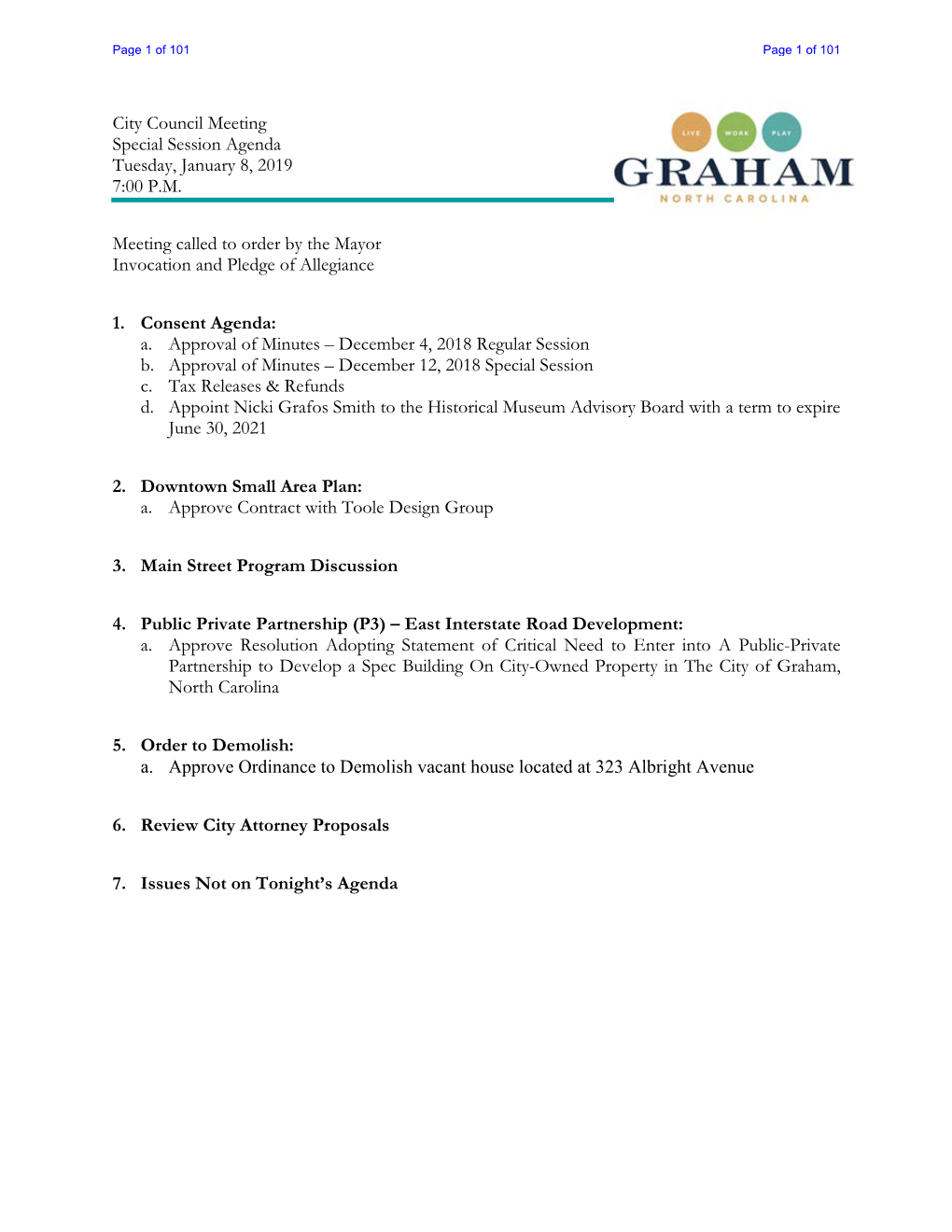 City Council Meeting Special Session Agenda Tuesday, January 8, 2019 7:00 P.M