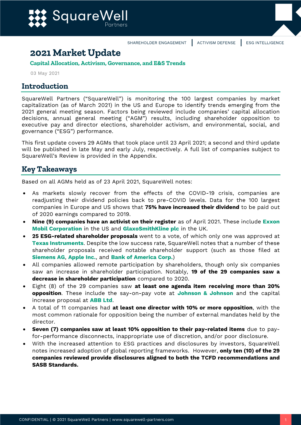 2021 Market Update Capital Allocation, Activism, Governance, and E&S Trends 03 May 2021 Introduction