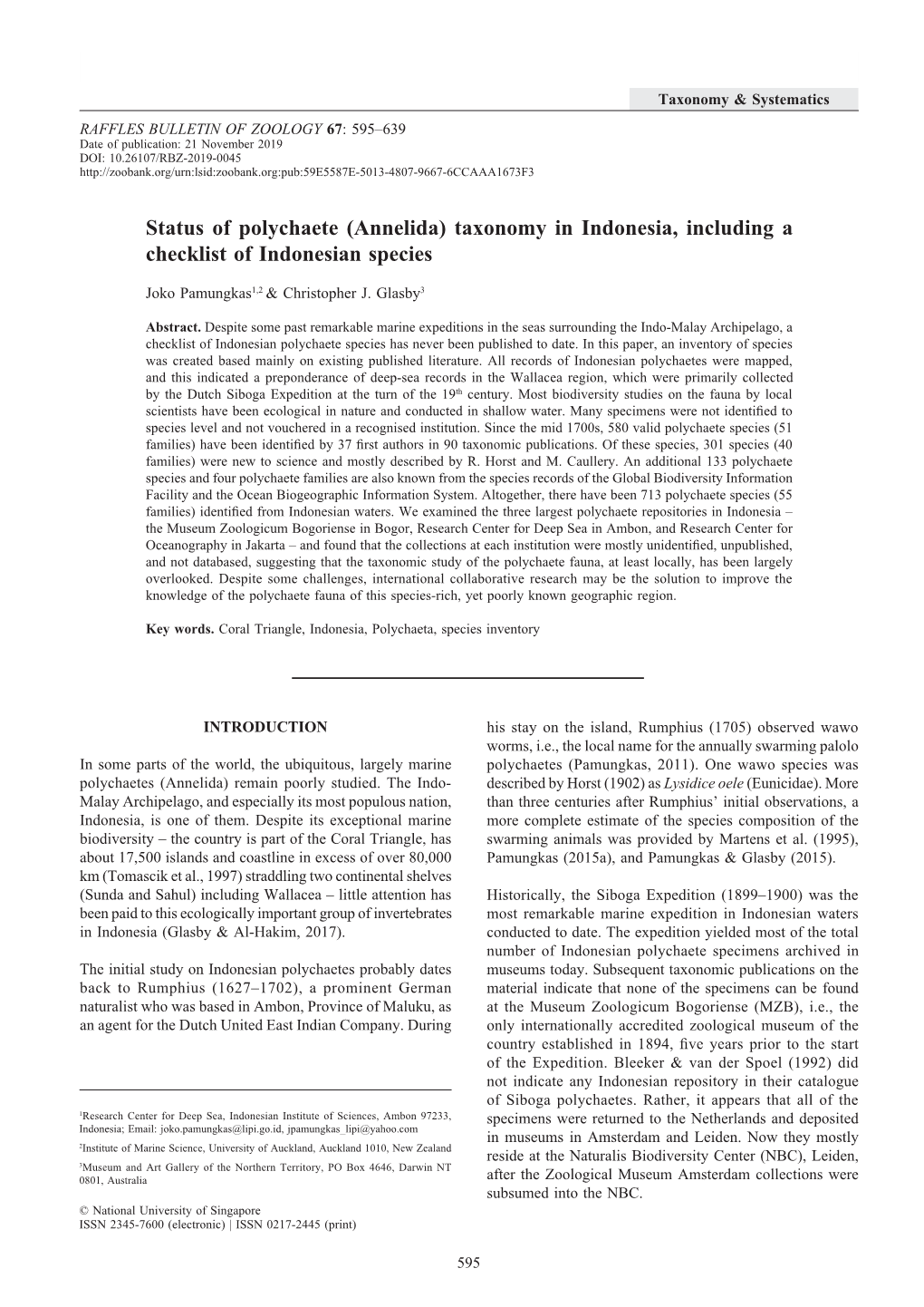 (Annelida) Taxonomy in Indonesia, Including a Checklist of Indonesian Species