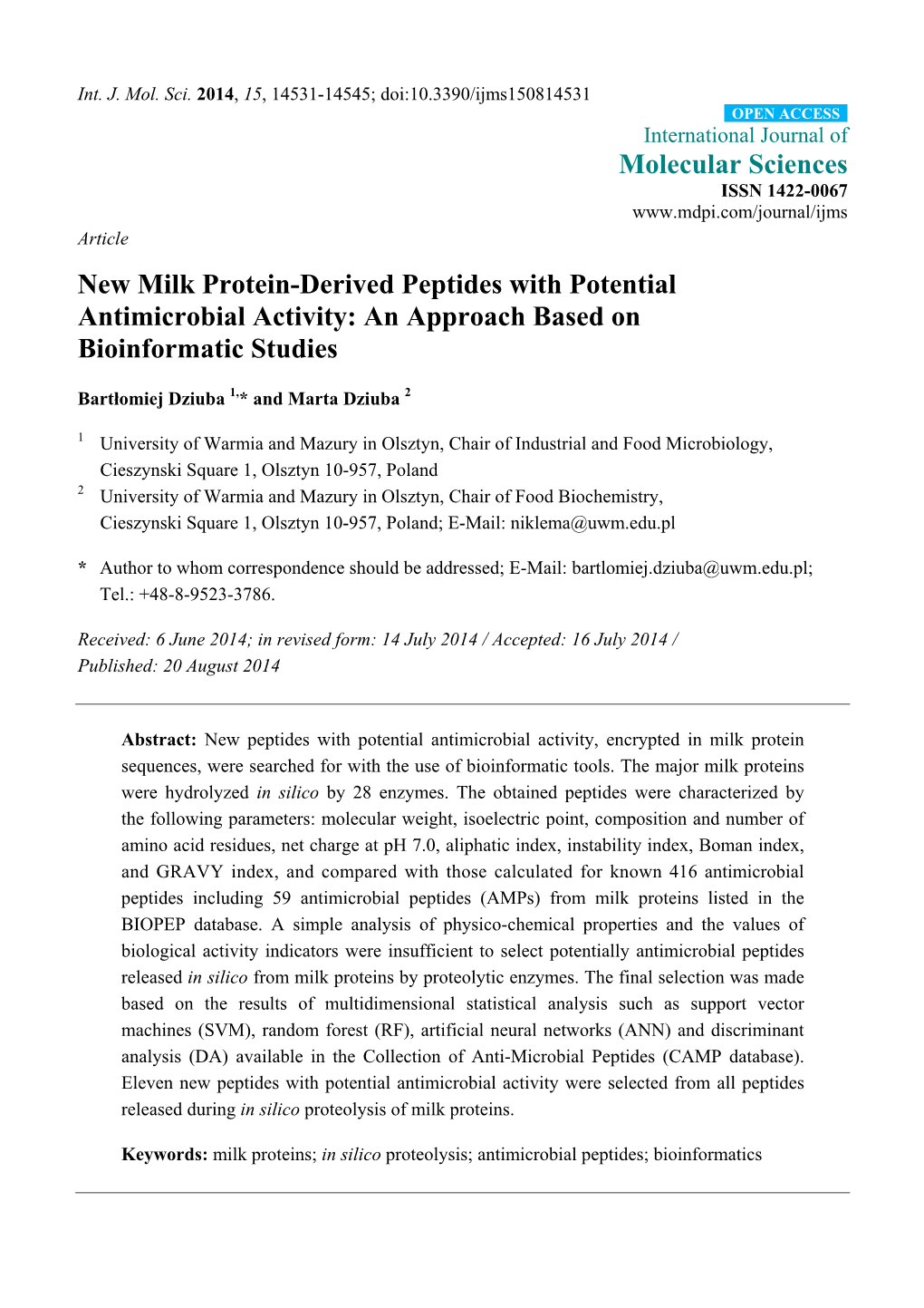 New Milk Protein-Derived Peptides with Potential Antimicrobial Activity: an Approach Based on Bioinformatic Studies