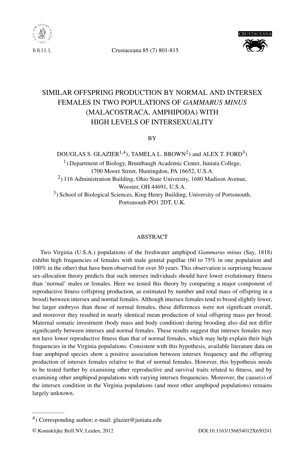 Similar Offspring Production by Normal and Intersex Females in Two Populations of Gammarus Minus (Malacostraca, Amphipoda) with High Levels of Intersexuality