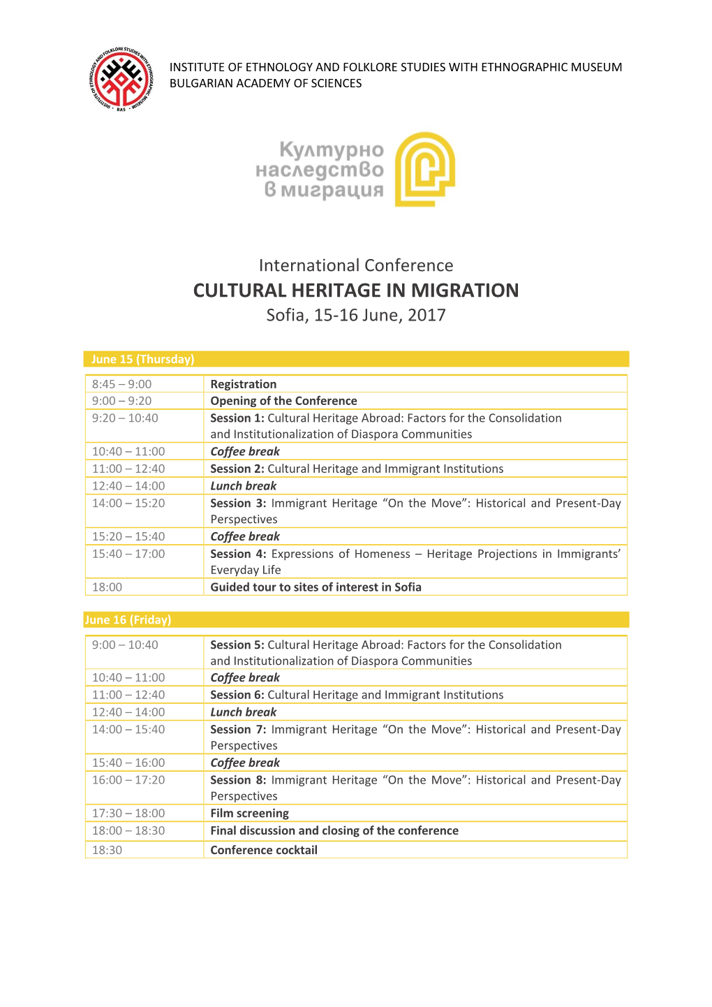 CULTURAL HERITAGE in MIGRATION Sofia, 15-16 June, 2017