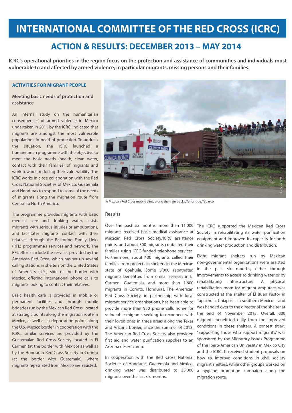 Icrc) Action & Results: December 2013 – May 2014