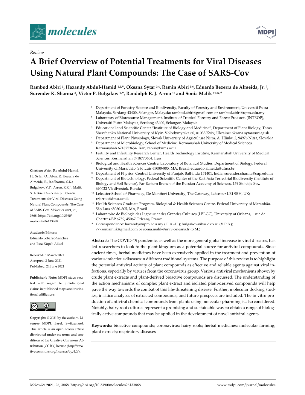 A Brief Overview of Potential Treatments for Viral Diseases Using Natural Plant Compounds: the Case of SARS‐Cov