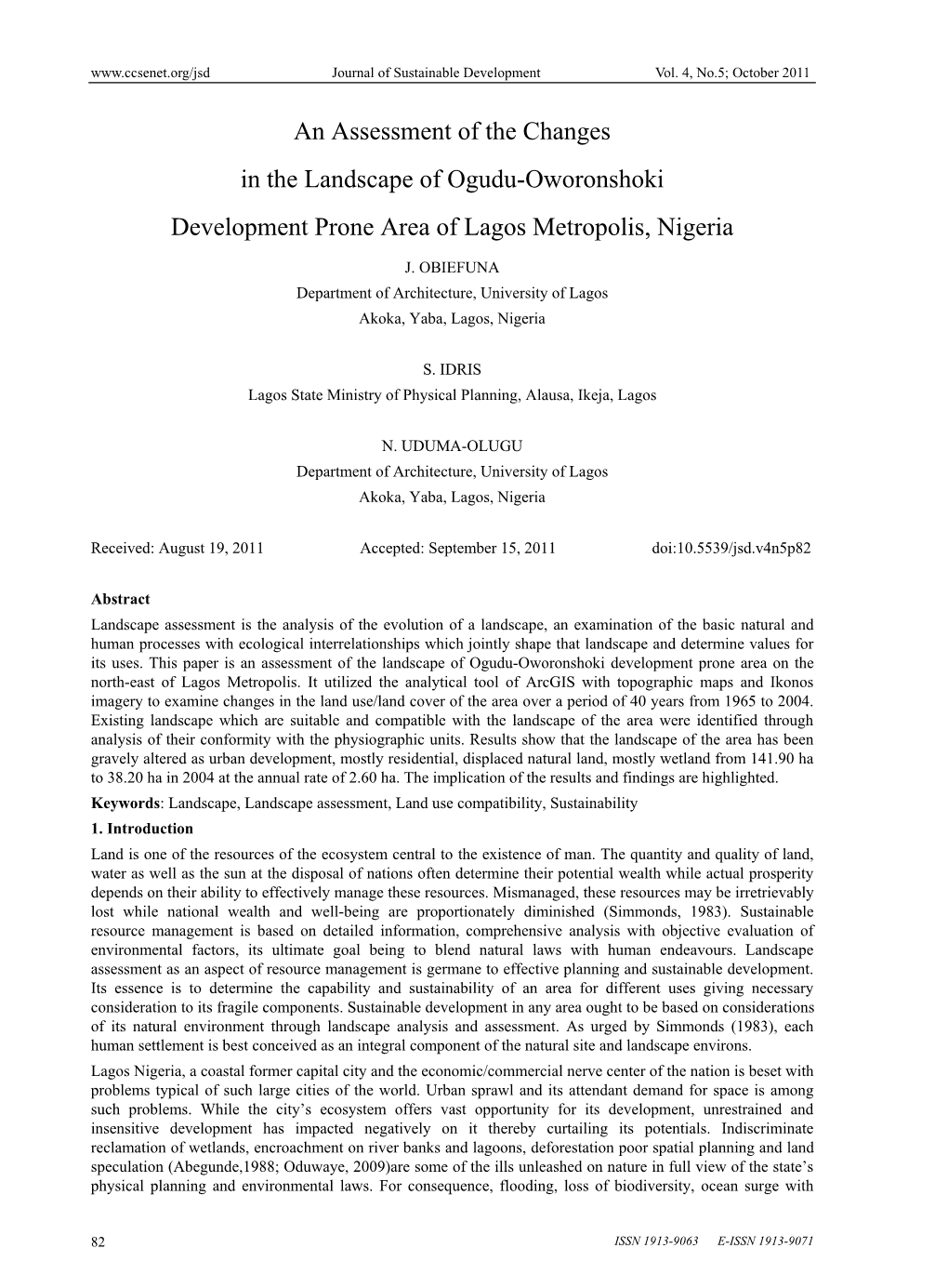 An Assessment of the Changes in the Landscape of Ogudu-Oworonshoki Development Prone Area of Lagos Metropolis, Nigeria