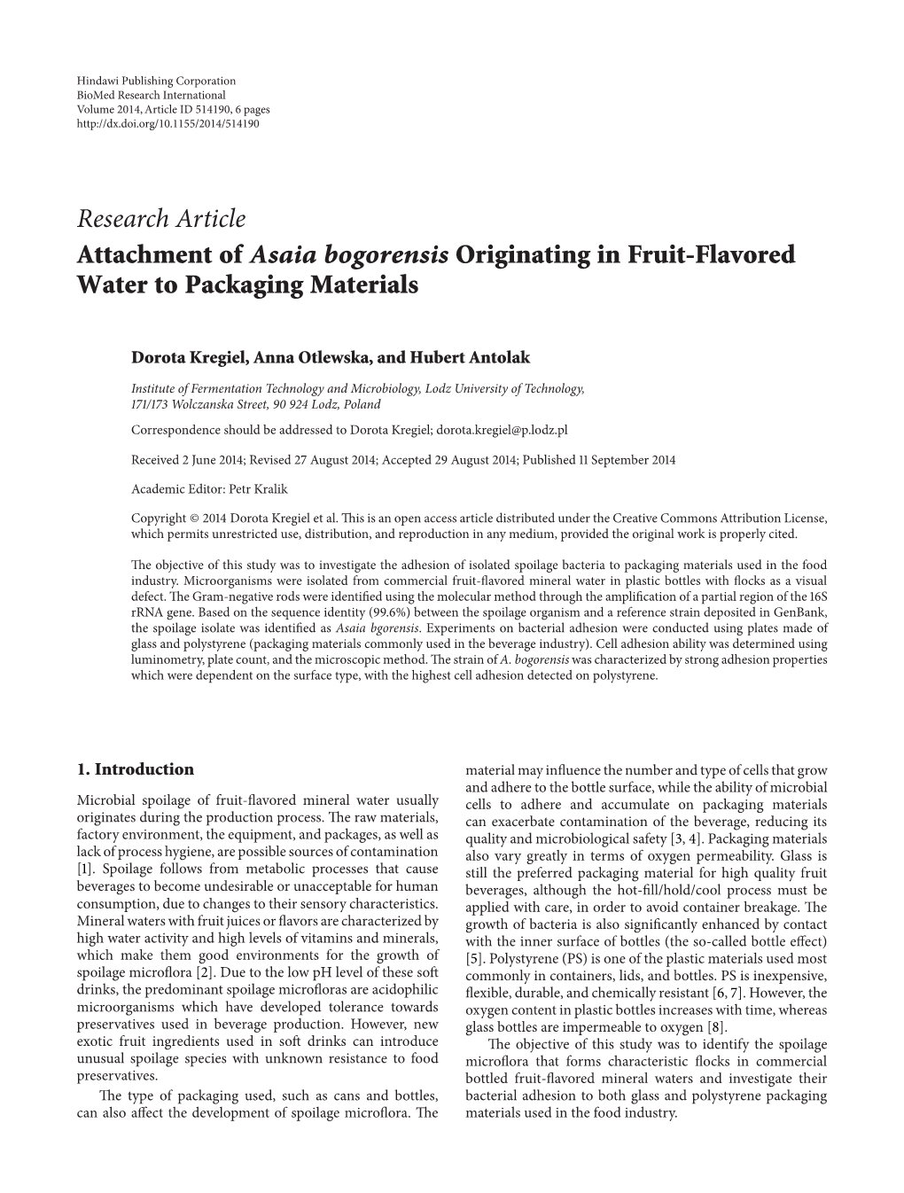 Attachment of Asaia Bogorensis Originating in Fruit-Flavored Water to Packaging Materials