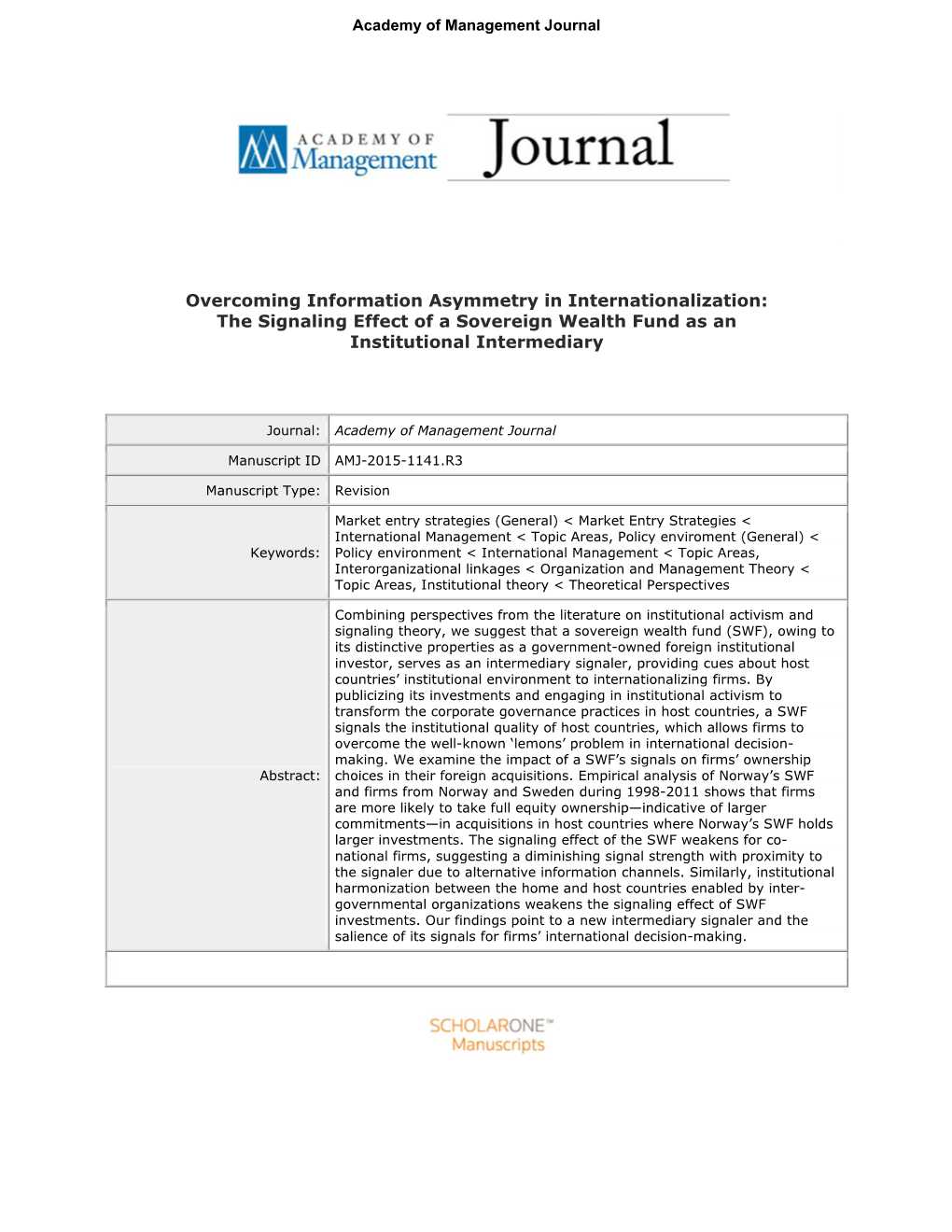 Overcoming Information Asymmetry in Internationalization: the Signaling Effect of a Sovereign Wealth Fund As an Institutional Intermediary