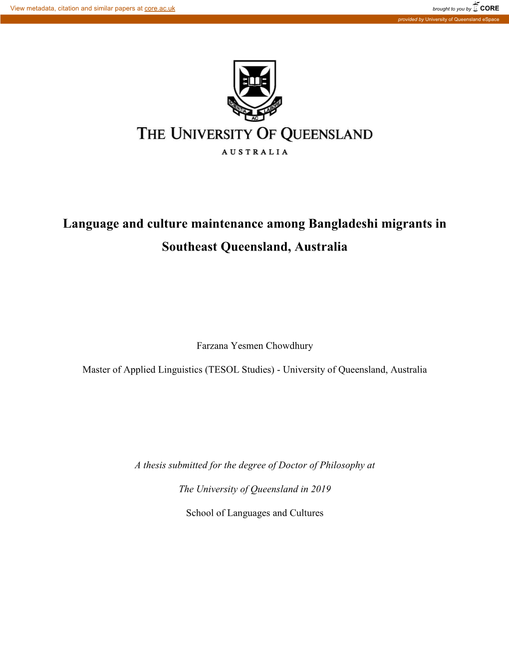 Language and Culture Maintenance Among Bangladeshi Migrants in Southeast Queensland, Australia