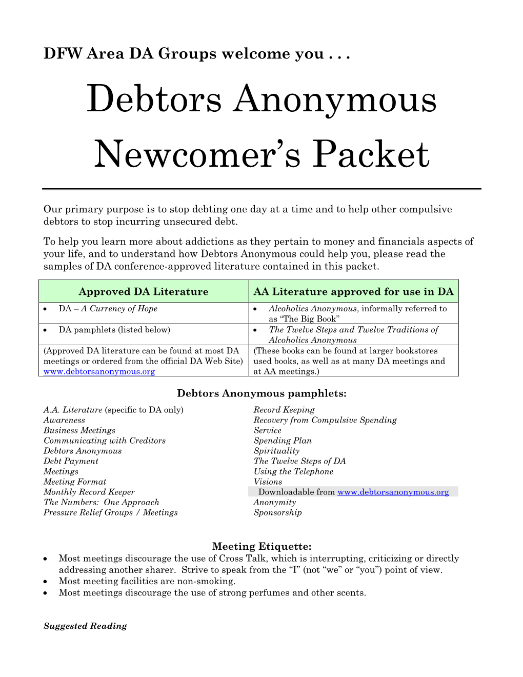 Debtors Anonymous Newcomer's Packet