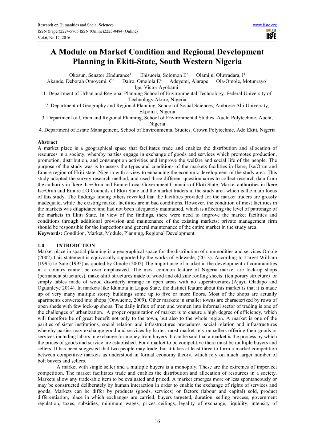 A Module on Market Condition and Regional Development Planning in Ekiti-State, South Western Nigeria